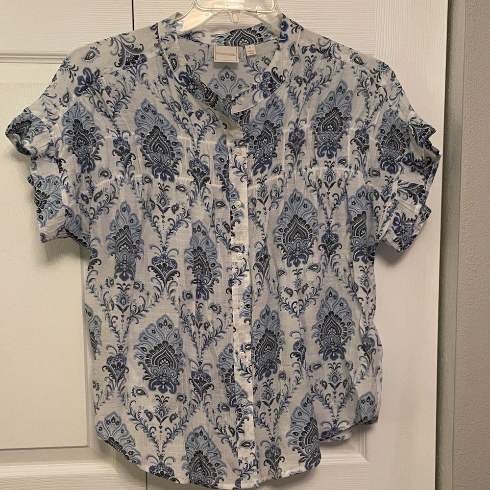 Zac & Rachel Romantic Paisley Print Button Down Sleeveless Ruffle Blouse Large